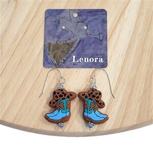 Hand Crafted Cowgirl Boot Earrings Blue And Brown Lightweight Bead 2" Long